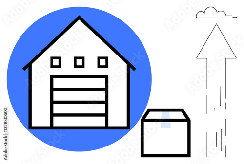 Warehouse with a storage box and arrow pointing to a cloud, representing logistics, shipping, cloud storage, data transfer, technological integration, e-commerce, and supply chain. A simple flat