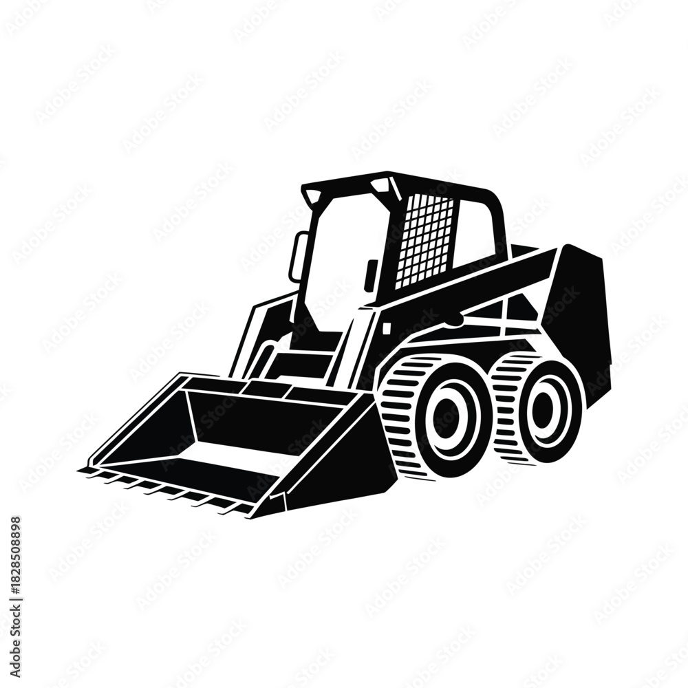 Naklejka premium A black and white illustration of a compact skid steer loader with a bucket attachment.