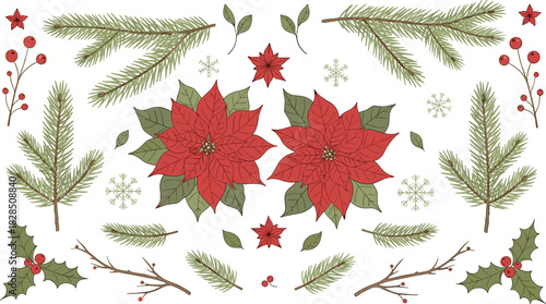 Hand Drawn Christmas Botanical Elements Set, Festive Holiday Collection with Poinsettia Flowers, Pine Fir Branches, Holly Berries, Spruce Twigs, and Snowflakes, Isolated Vector Illustrations for D