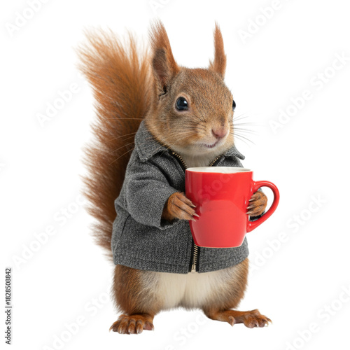 Cute small squirrel with a red cup on Isolated transparent background png. generated with AI
