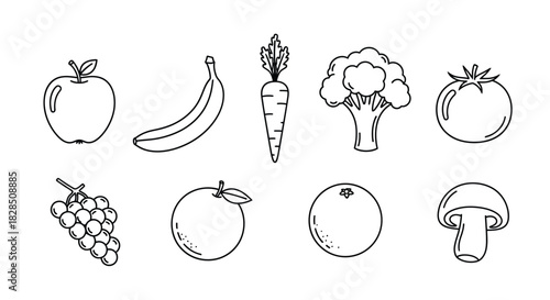 Hand drawn sketch of various fruits and vegetables on a white background