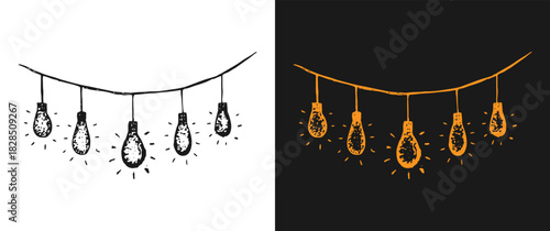 String of glowing light bulbs, fairy lights vector hand drawn decoration.