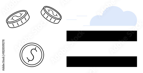 Coins with dollar icons, a cloud motif, and bold security bars. Ideal for finance, technology, security, savings, online payments cloud data and abstract concepts of digital economy. Minimalist