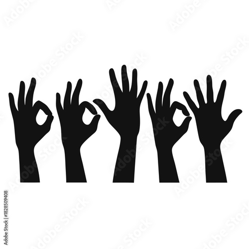 Five black silhouette hands showing ok sign and open palms hand gestures open hand