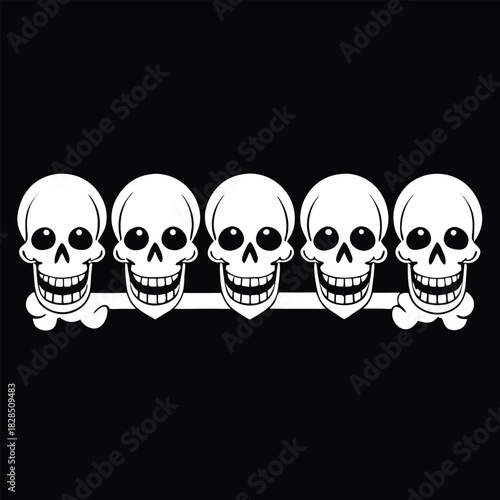 Five Cartoon Skulls With Big Eyes On A Bone Against A Black Background bones skeleton