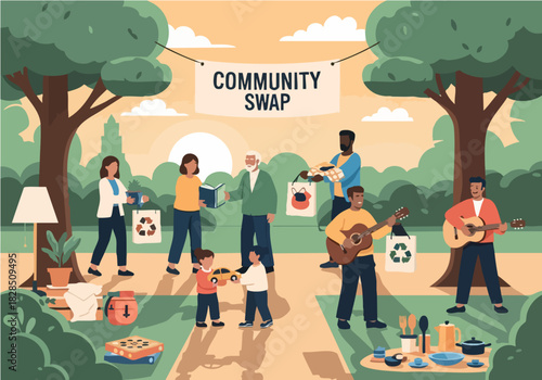 Illustration depicts a community event with people exchanging items, enjoying music, and sharing food outdoors.