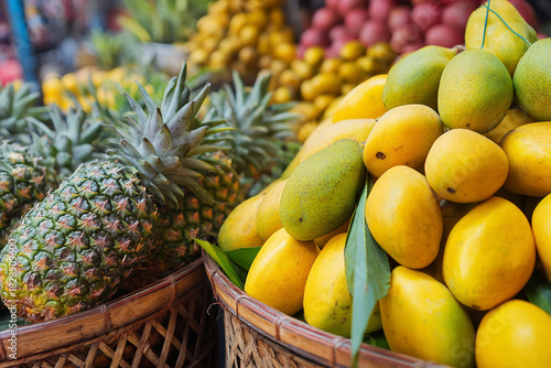 Fototapeta Naklejka Na Ścianę i Meble -  A close-up of fresh tropical fruits like mangoes and pineapples displayed abundantly at a bustling roadside stall, vibrant and delicious.