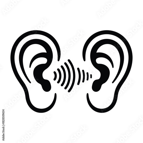 Two ears with sound waves connecting them symbolize communication or hearing.