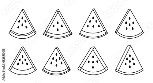 Eight simple outline slices of watermelon with seeds