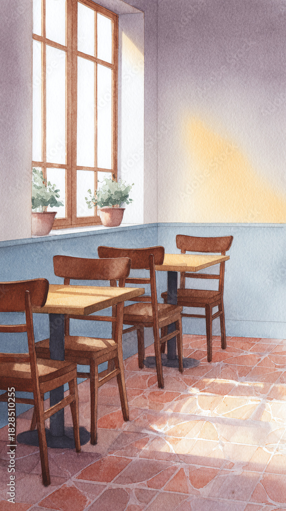 Obraz premium A Serene Café Interior Featuring Wooden Tables, Greenery, and Soft Sunlight Creating an Inviting Atmosphere for Relaxation and Socializing