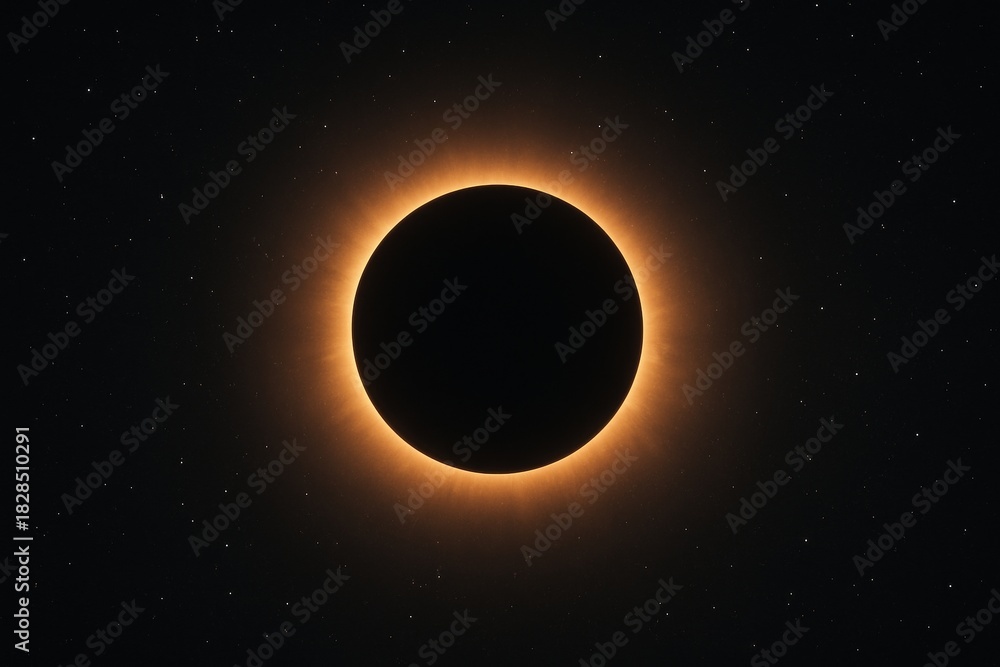 Fototapeta premium Total solar eclipse with glowing corona and starry sky background in cosmic space concept, symbolizing mystery, astronomy, and universal alignment. Ai generative