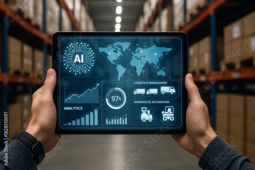 Digital tablet showing AI-driven logistics and warehouse automation dashboard in warehouse environment, emphasizing data analytics and supply chain concept. Ai generative