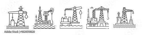 Offshore oil rigs, drilling platforms, and industrial cranes line icons
