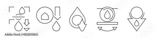 Water resource management line icons: purification, collection, recycling, flow