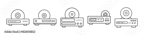 Collection of line art icons for cd dvd players and disc media electronic
