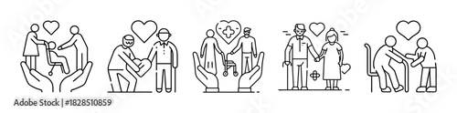 Elderly care and support line icons collection for senior health services