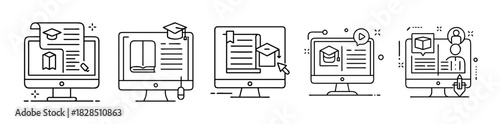 Digital education and online learning conceptual line icons set for web design