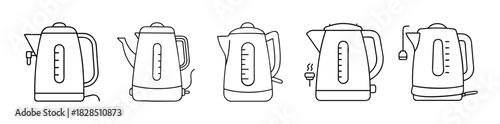 Electric kettle line art icon set. modern kitchen appliance vector outline