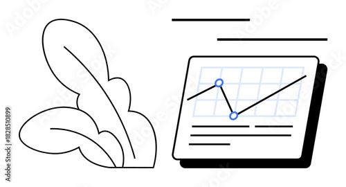 Growth graph displayed on a screen with connecting lines and dots beside abstract leaves. Ideal for sustainability, business progress, eco-friendly analytics, development, financial growth