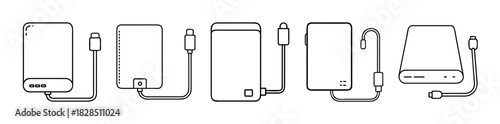 Portable external hard drive and power bank line art vector icons for data and power