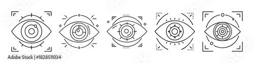 Eye scanning and biometric recognition line icons set for secure systems