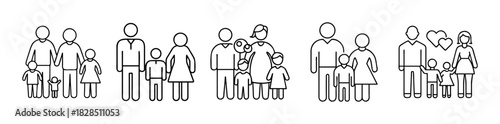 Diverse family structures line icons set: modern parenting, unity, love, bonds