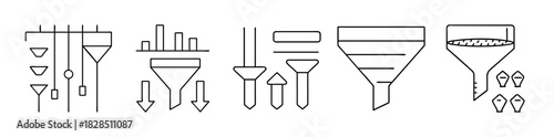 Data funnel processing and filtering line icons set, information flow concept.