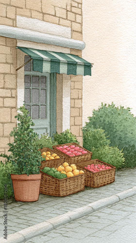 Fototapeta premium Charming Outdoor Fruit Market: Fresh Produce Baskets Delightfully Displayed in a Quaint Street Setting with Lush Greenery