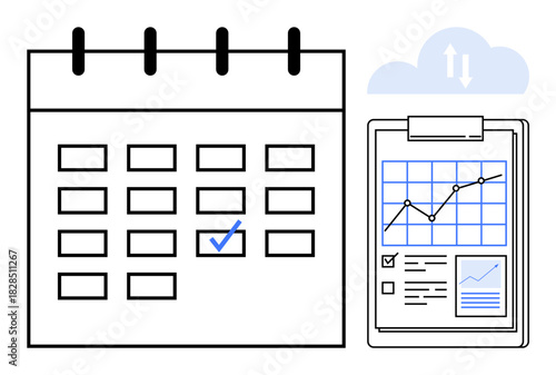 Calendar with a checkmark on a day and a clipboard showing a graph and report data. Ideal for planning, scheduling, organization, productivity, data tracking, time management, simple flat metaphor