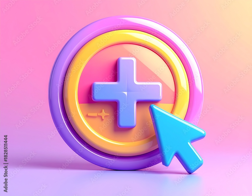 Obraz premium A 3D rendered graphic featuring an add symbol inside a circle with a clicking arrow. The image has a gradient background