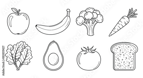 Hand drawn sketch of healthy food items including fruits vegetables and bread