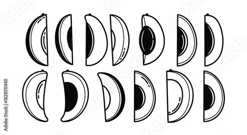 Collection of hand drawn avocado halves and slices isolated on white background