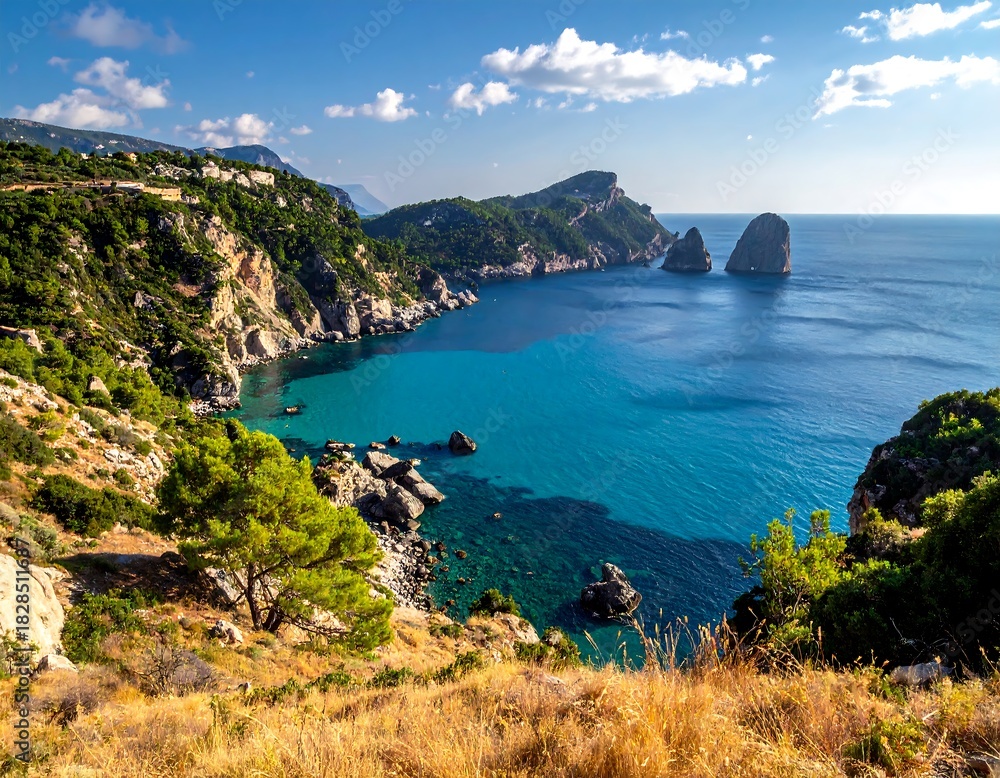 Obraz premium Sunny seaside vista displaying a coastline with azure water and verdant cliffs