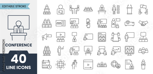 Conference line icons set with editable stroke. Contains icons related to presentation, workshop, discussion, teaching, business, video conference, call group, webinar and more. Vector illustration