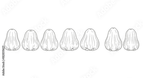 Row of stylized hand drawn pear shapes in black and white outline