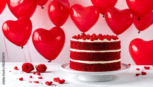 Delicious red velvet cake layered with cream, accented by heart balloons and roses