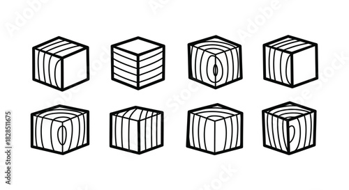Set of eight isometric wood block illustrations with different grain patterns