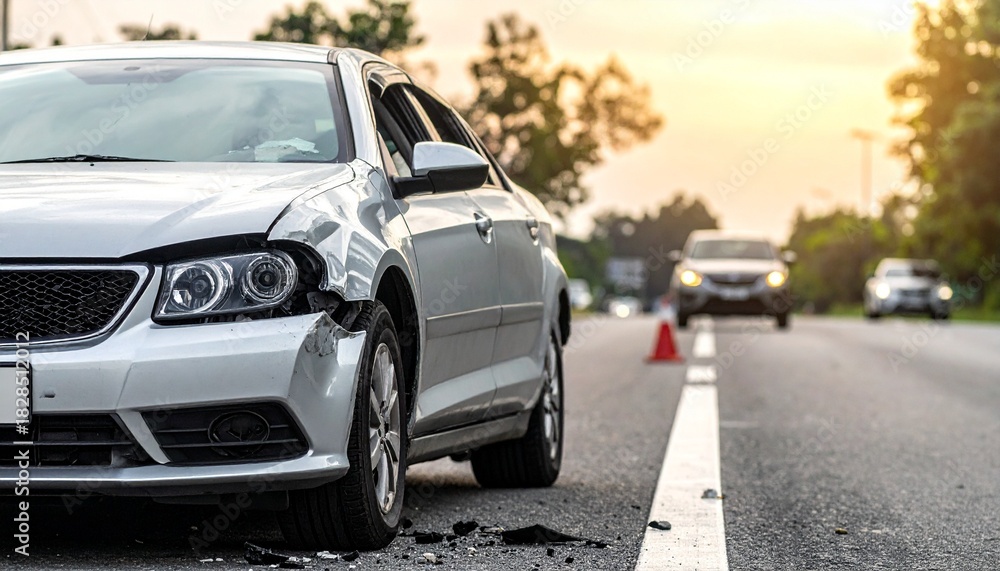 Fototapeta premium Damaged car on roadside at sunrise or sunset with crushed front and scattered debris