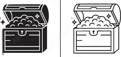 Open treasure chest silhouette filled with gold coins isolated on transparent background