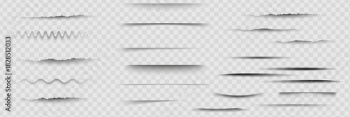 Various transparent shadows and straight linear to curved shapes on white background. Different intensity levels with depth and shading effects. Realistic
