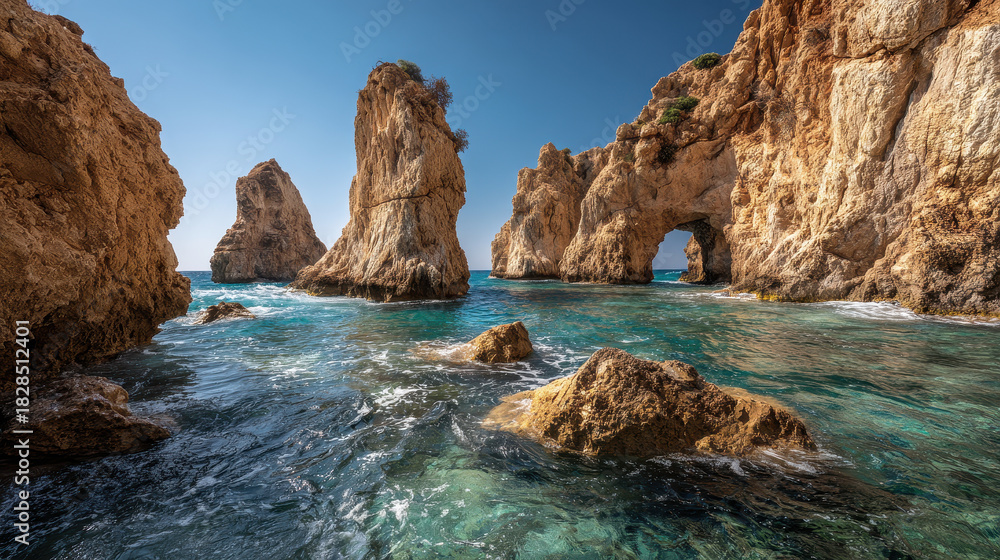 Fototapeta premium Rocky cliffs and turquoise water create a beautiful seascape on a sunny day by the coast line