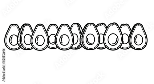 Row of hand drawn avocado halves with pits removed