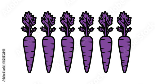 Six vibrant purple carrots arranged in a row with green tops