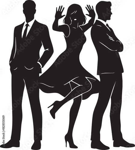 Silhouette of a woman dancing between two men in suits isolated on transparent background
