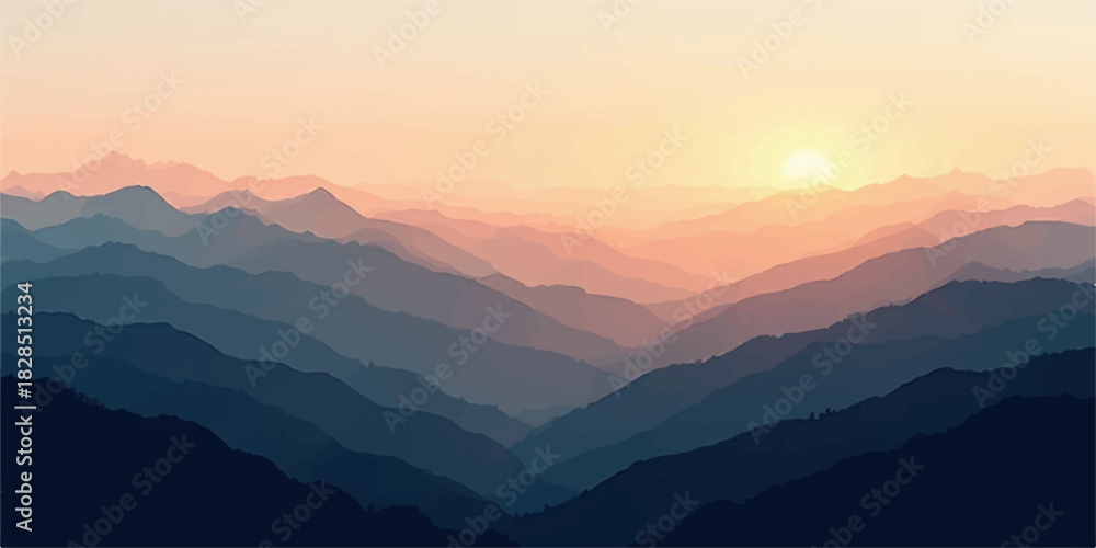 Fototapeta premium Abstract mountain range landscape with warm sunset hues and layered peaks