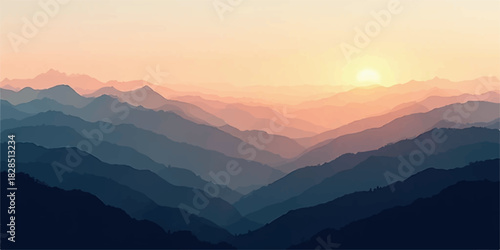 Abstract mountain range landscape with warm sunset hues and layered peaks