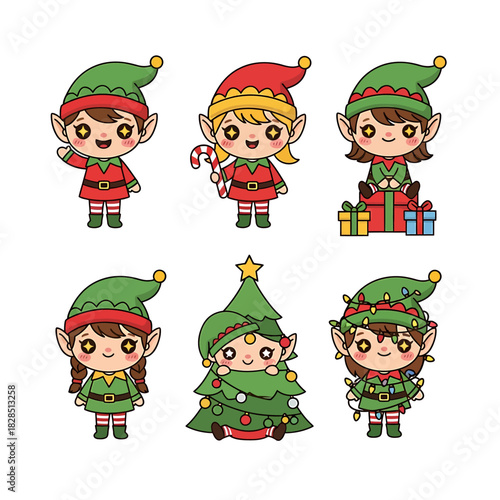 Adorable collection of six cute kawaii Christmas elf characters celebrating the winter holidays. A festive set of Santa's little helpers