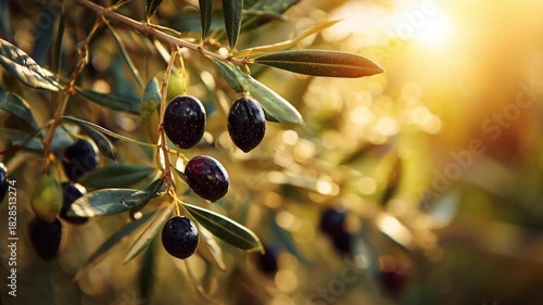 Organic ripe olives growing on olive tree with coast background, black olive fruit on tree branch, healthy vegetarian food, olive trees in mountain Like the one in Mediterranean Sea.