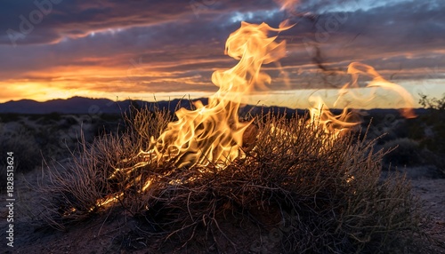 Desert bush ablaze against a sunset sky, flames licking upward in warm hues, nature's powerful contrast