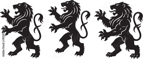Three rampant lion silhouettes in black isolated on transparent background